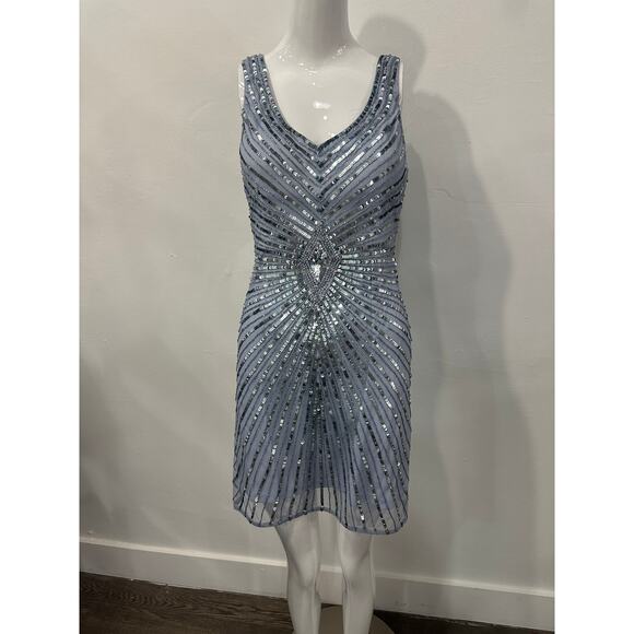 Aidan Mattox Sequined Beaded Tank Crystal Mini Dress Light Blue Women's Size 4 - Picture 2 of 9